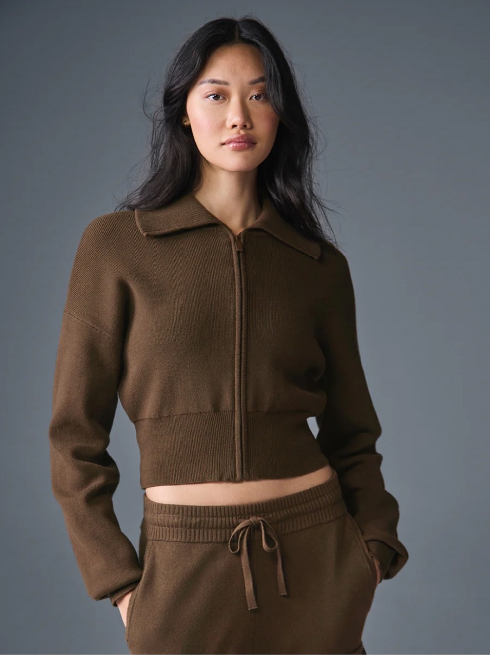 ALO Yoga Scholar Espresso Cropped Collar Zip-Up  Jacket